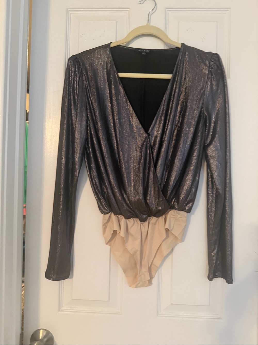 Shimmery Charcoal Wrap Bodysuit with Nude Ruffle Bottom